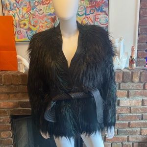 Balmain X H&M leather black green fur jacket size 6 US
